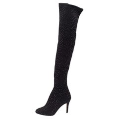 Jimmy Choo Black Stretch Fabric Toni Crystal Embellished Thigh High Boots Size 3