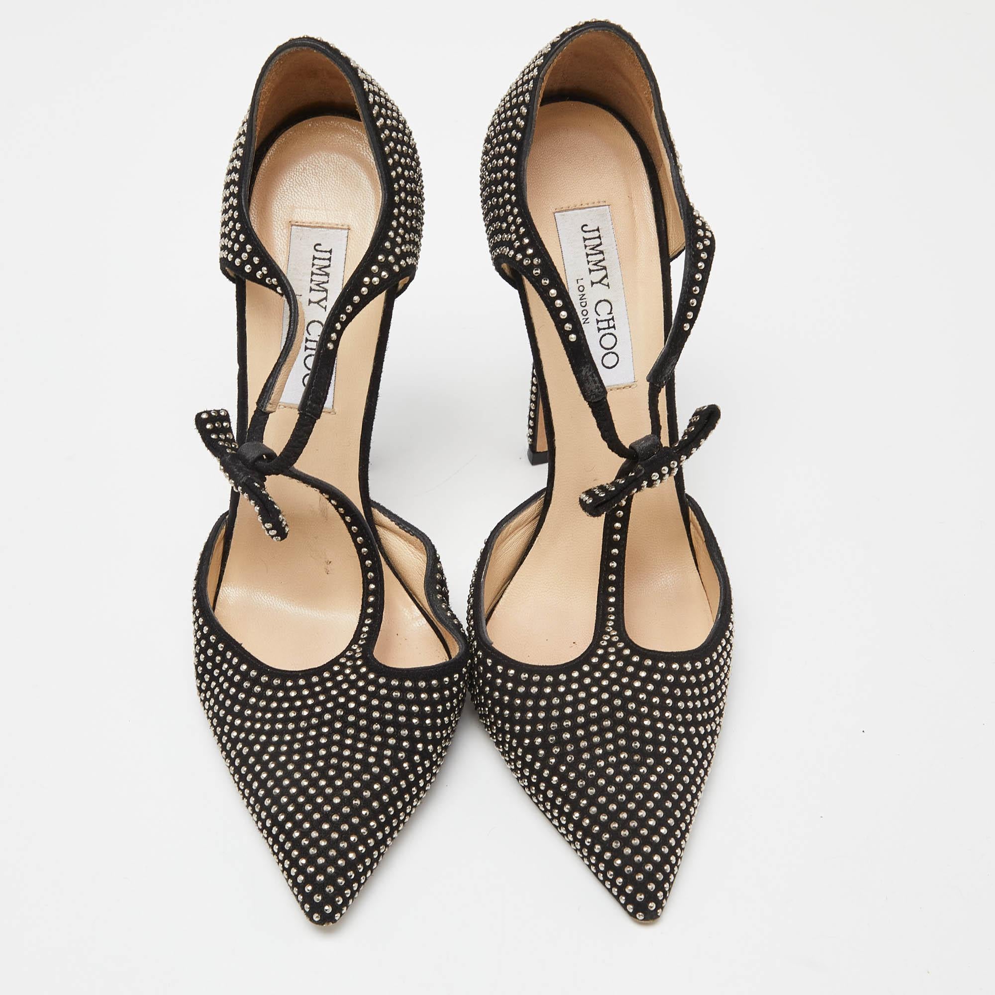 Jimmy Choo Black Studded Suede Talan T Strap Pointed Toe Pumps Size 39 In Fair Condition For Sale In Dubai, Al Qouz 2