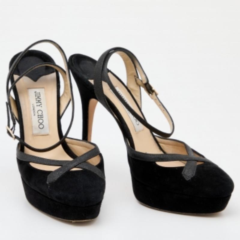 Noir Jimmy Choo - Sandales à plateforme en daim et paillettes - Taille 39 en vente