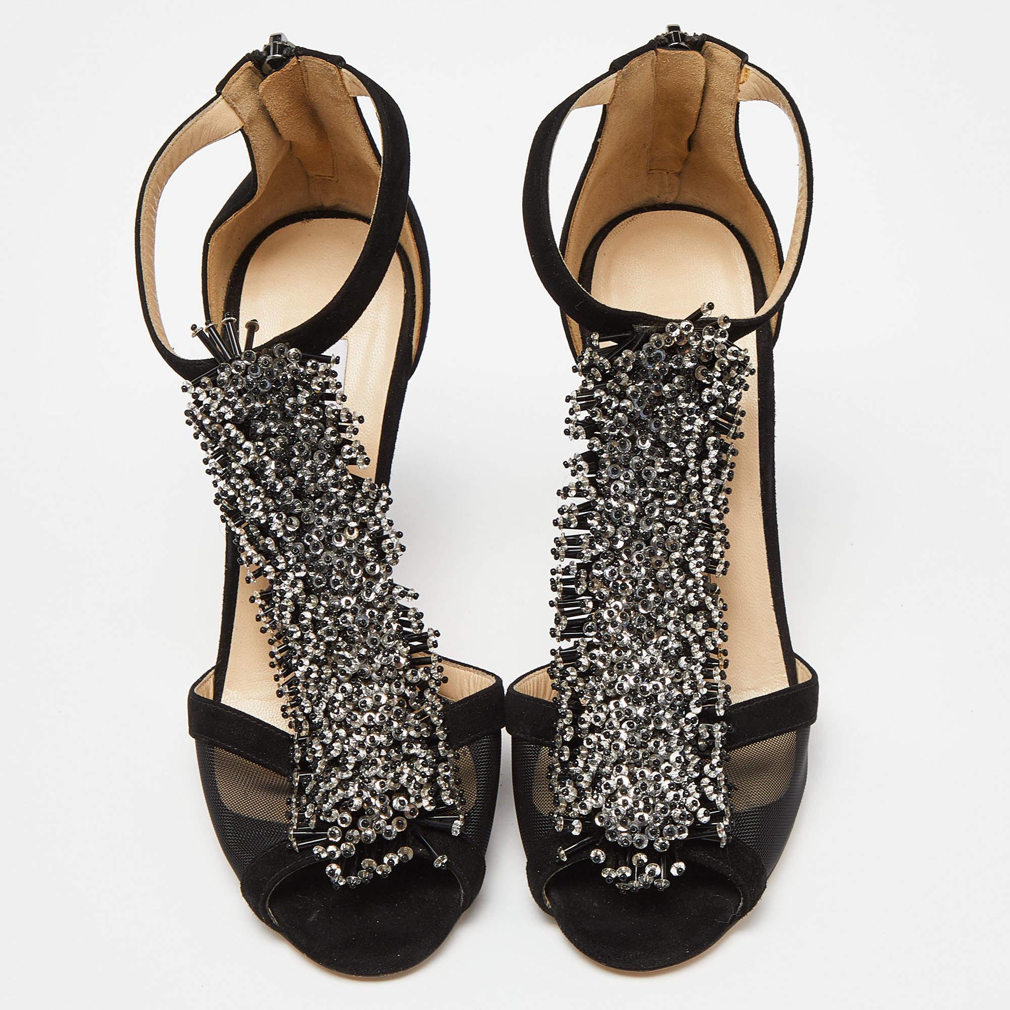 Jimmy Choo Black Suede and Mesh Beaded Embellished Sandals Size 38 In Good Condition In Dubai, Al Qouz 2