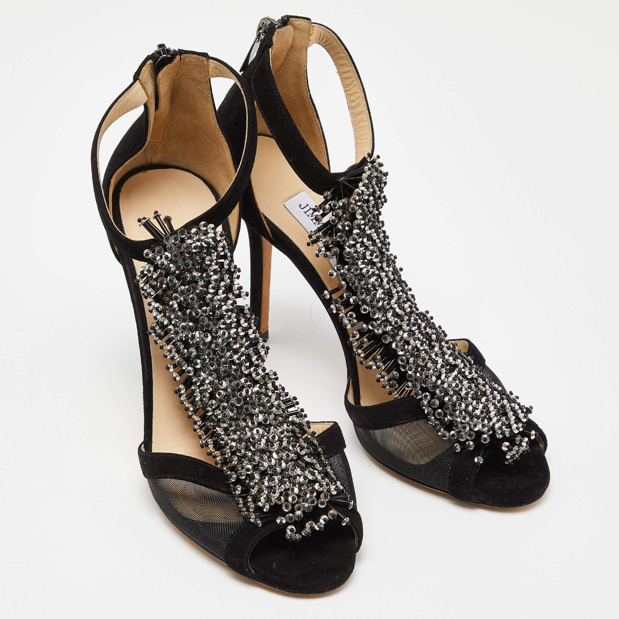 Women's Jimmy Choo Black Suede and Mesh Beaded Embellished Sandals Size 38