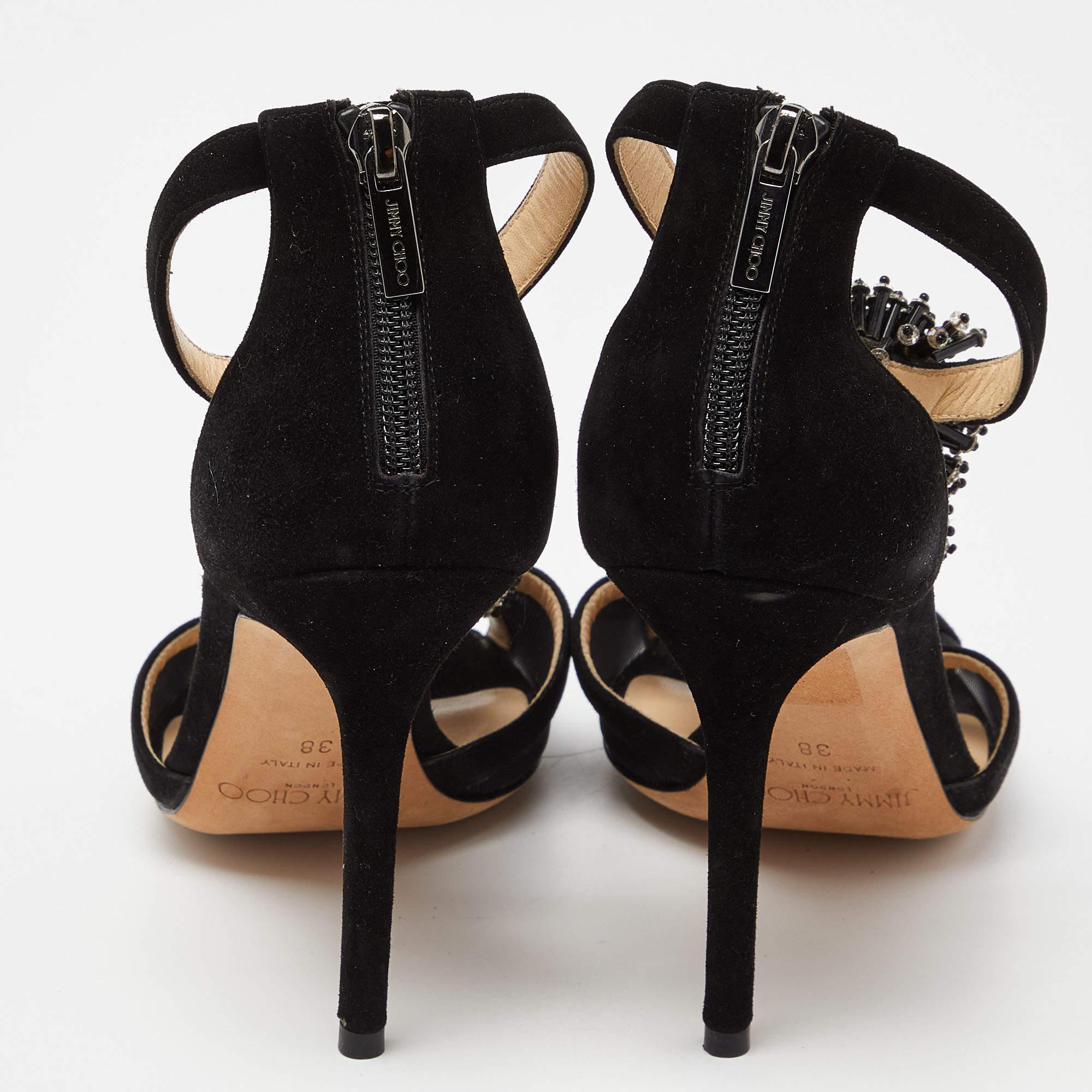 Jimmy Choo Black Suede and Mesh Beaded Embellished Sandals Size 38 1