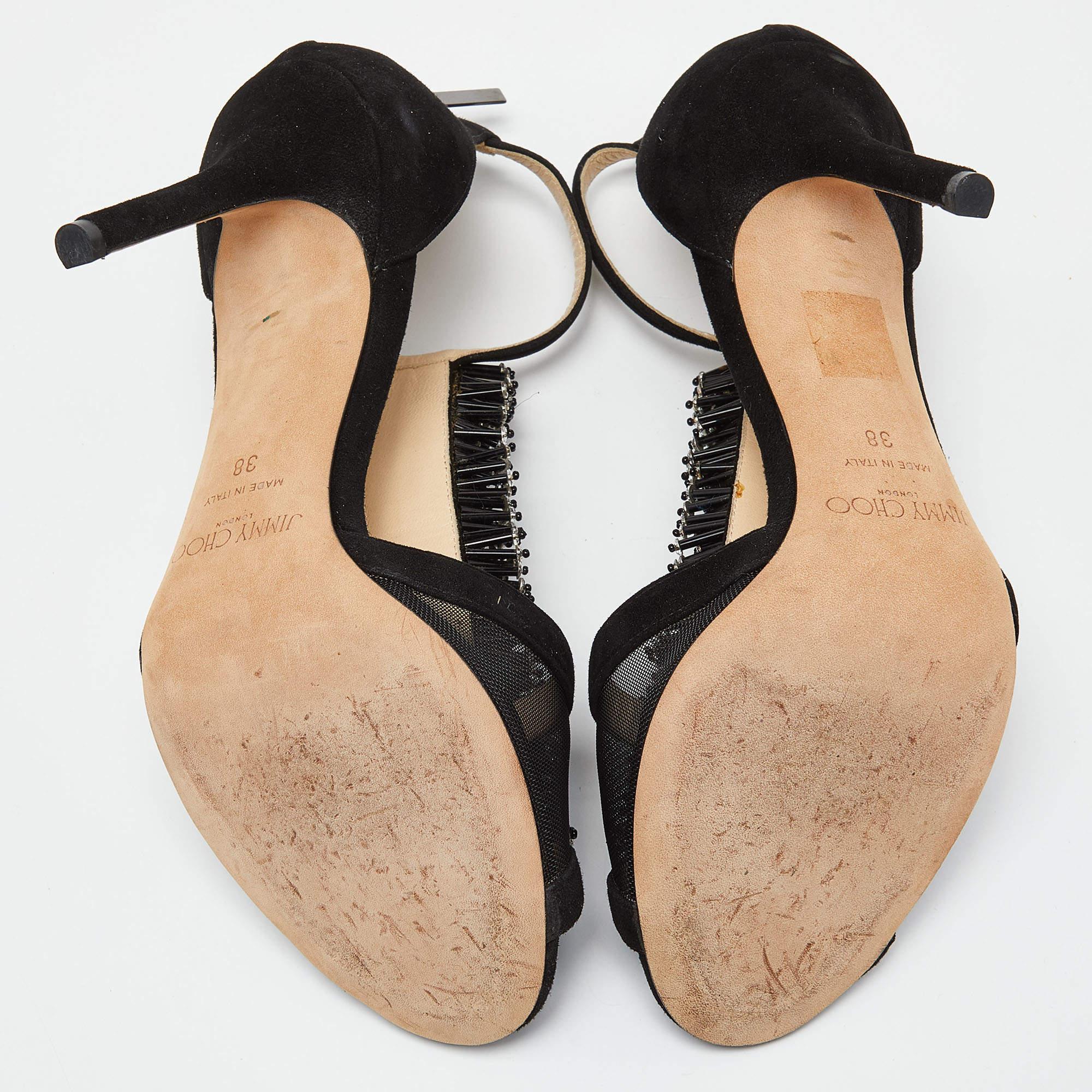 Jimmy Choo Black Suede and Mesh Beaded Embellished Sandals Size 38 2