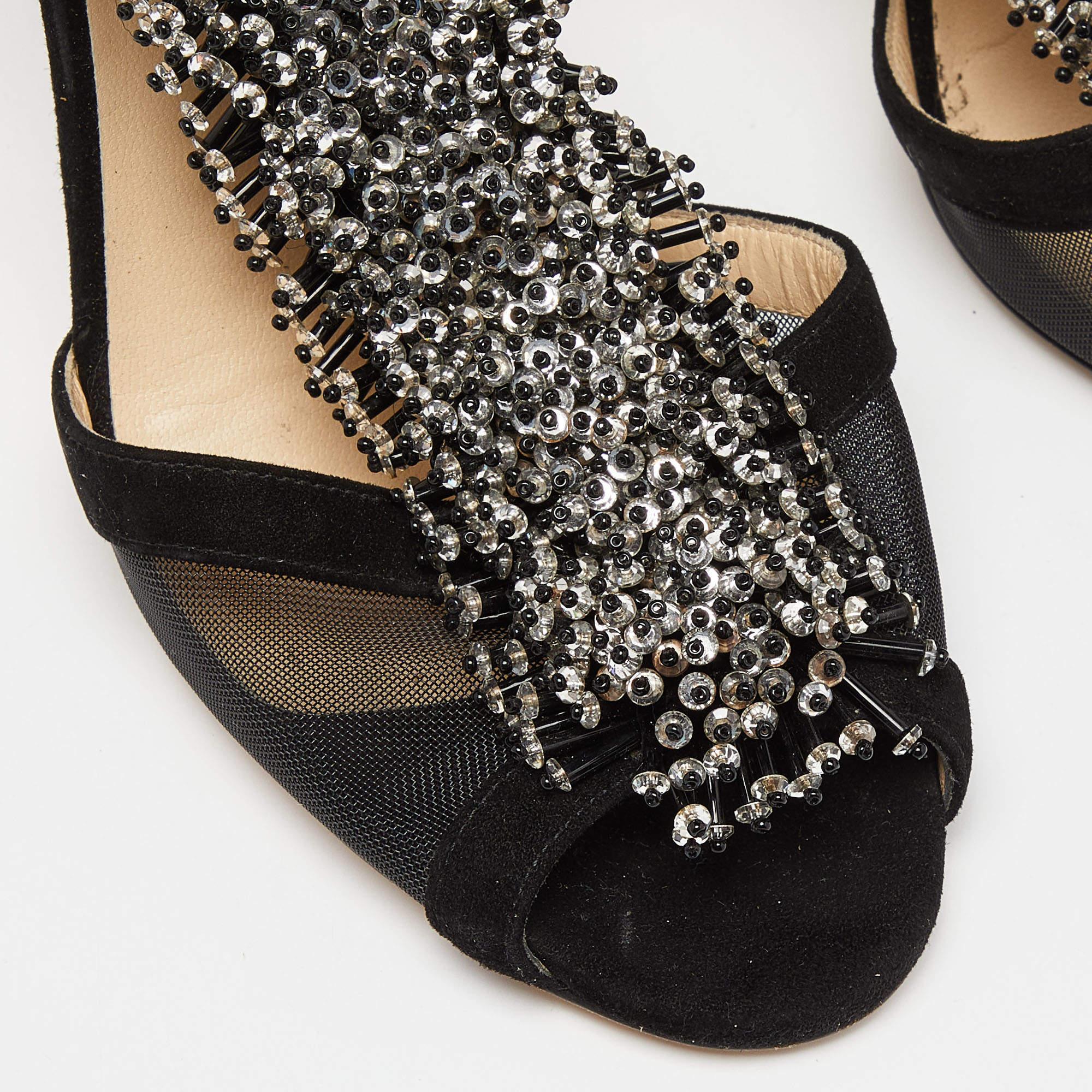 Jimmy Choo Black Suede and Mesh Beaded Embellished Sandals Size 38 3