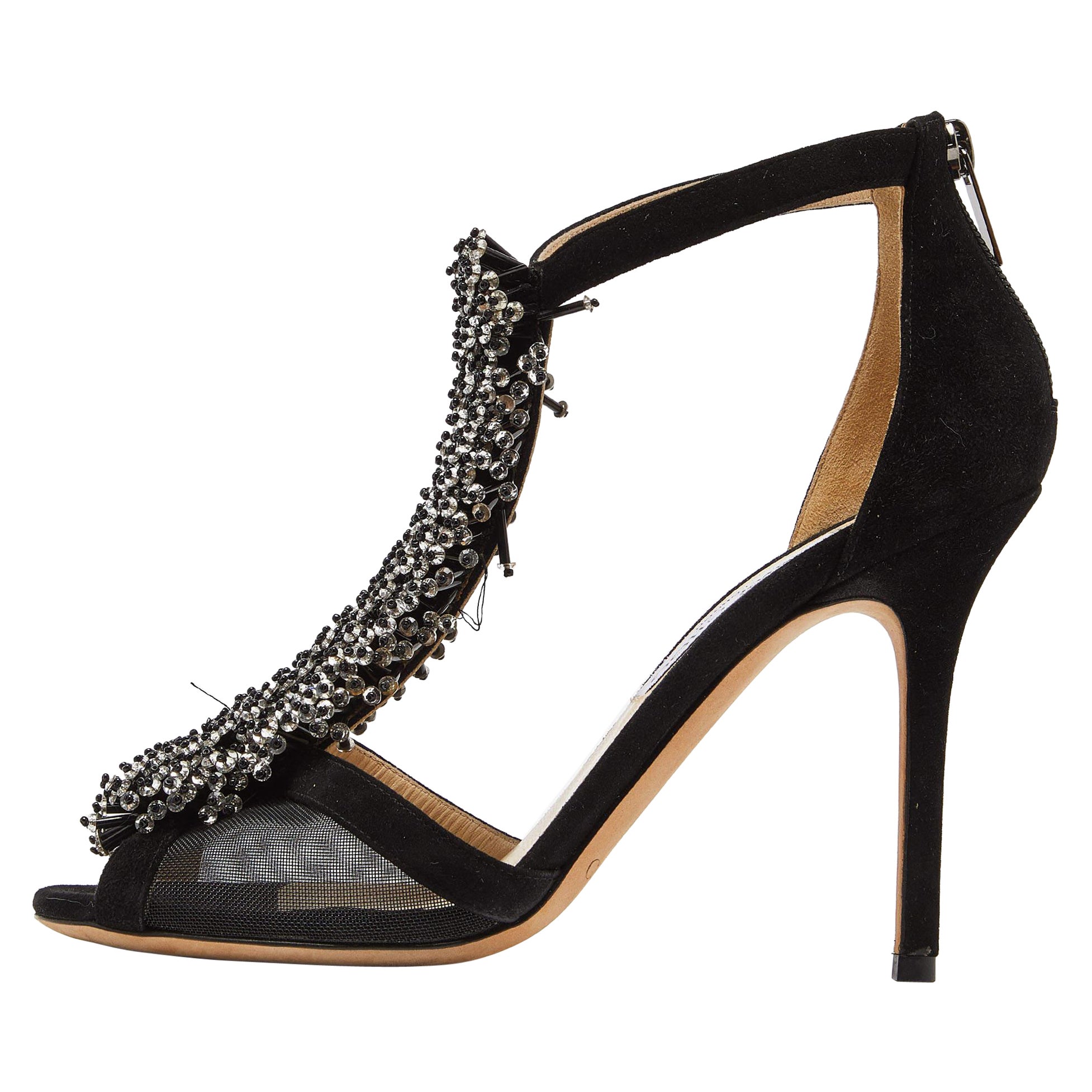 Jimmy Choo Black Suede and Mesh Beaded Embellished Sandals Size 38