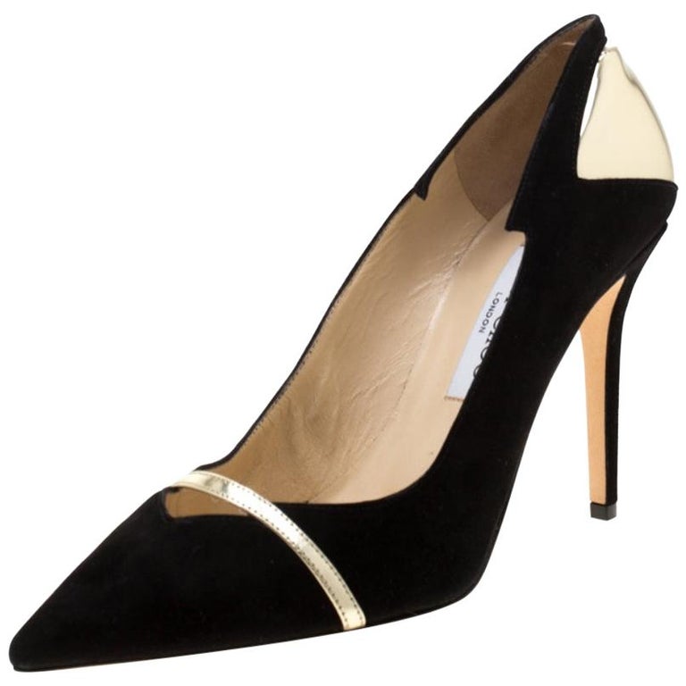 Jimmy Choo Black Suede And Metallic Gold Cut Out Detail Pointed Toe ...