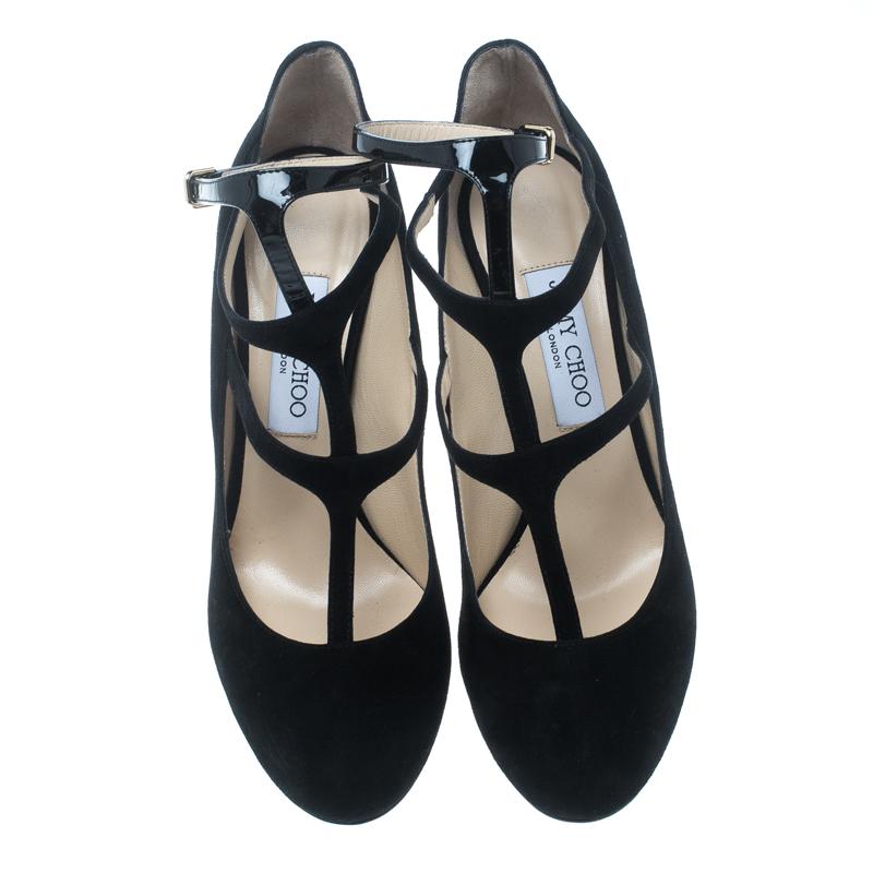 Jimmy Choo Black Suede and Patent Leather Doll Caged Round Toe Pumps Size 40 In Excellent Condition In Dubai, Al Qouz 2