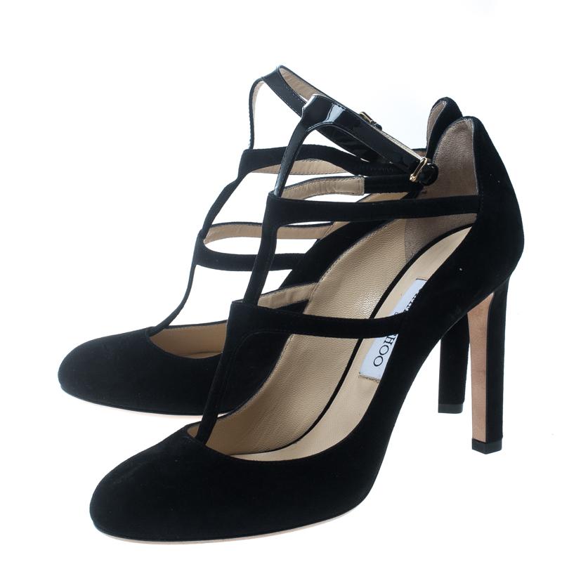 Jimmy Choo Black Suede and Patent Leather Doll Caged Round Toe Pumps Size 40 In Excellent Condition In Dubai, Al Qouz 2