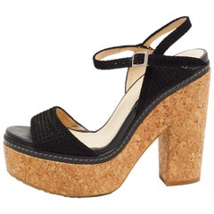 Jimmy Choo Black Suede Cork Block Heel Sandals Size 41