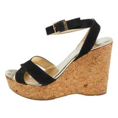 Jimmy Choo Black Suede Cork Wedge Ankle Strap Sandals Size 38
