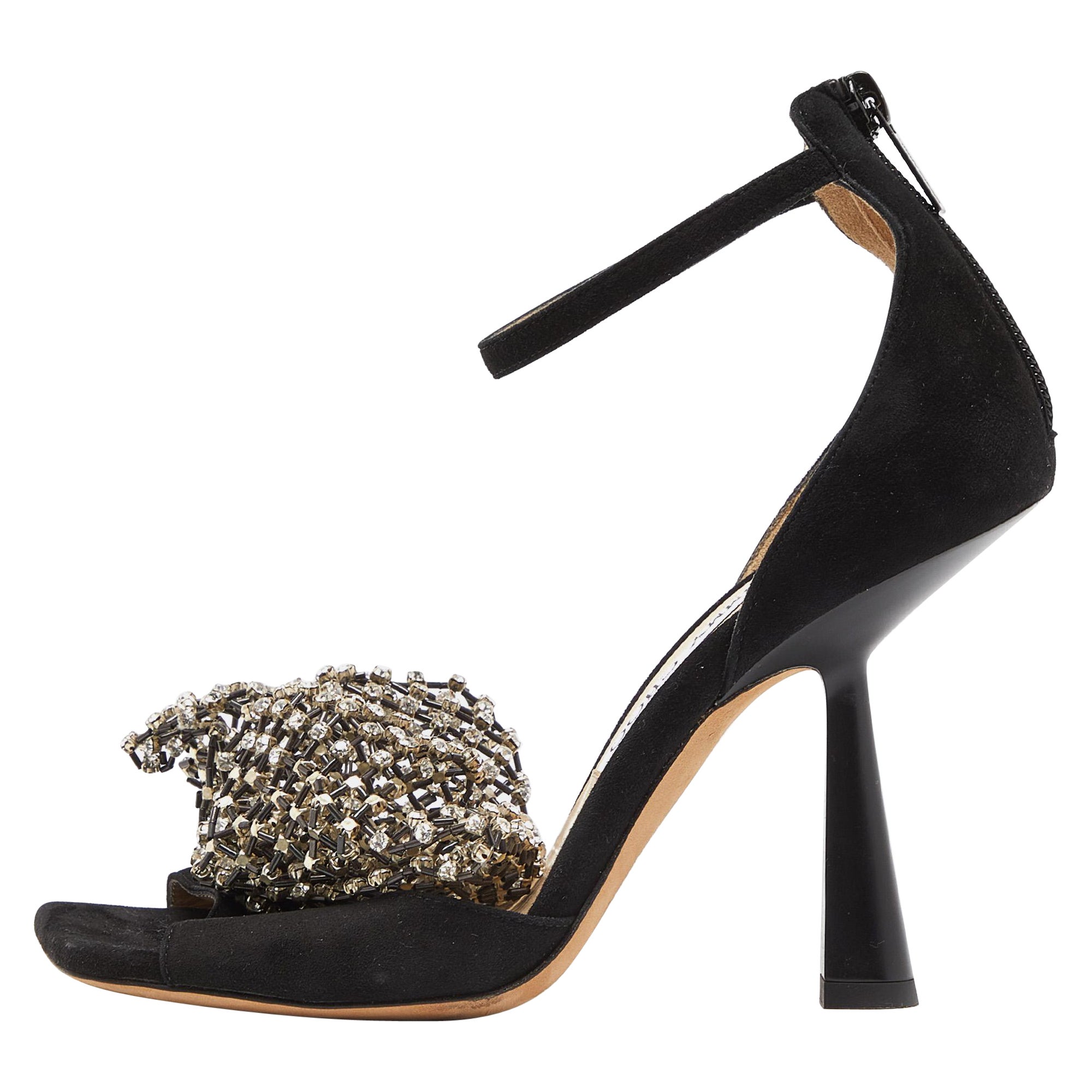 Jimmy Choo Black Suede Crystal Embellished Bow Ankle Strap Sandals Size 37