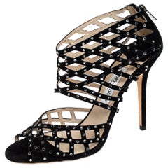 Jimmy Choo Black Suede Crystal Embellished Cut Out Strappy Sandals Size 40.5