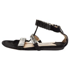 Jimmy Choo Black Suede Crystal Embellished Flat Sandals Size 37