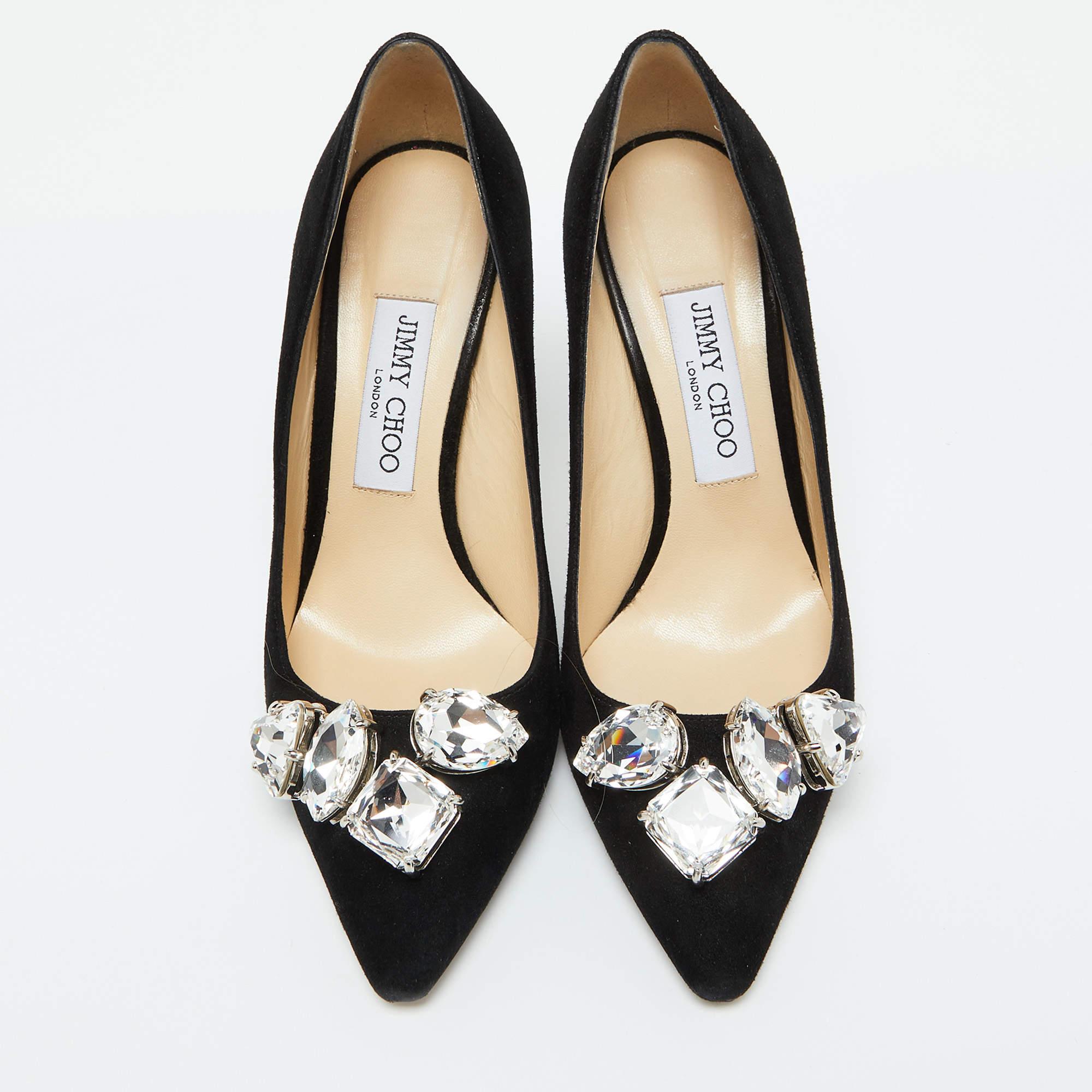 Noir Jimmy Choo - Escarpins à bout pointu en daim noir ornés de cristaux - Taille 37,5