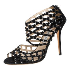 Jimmy Choo Black Suede Crystal Embellished Strappy Sandals Size 40