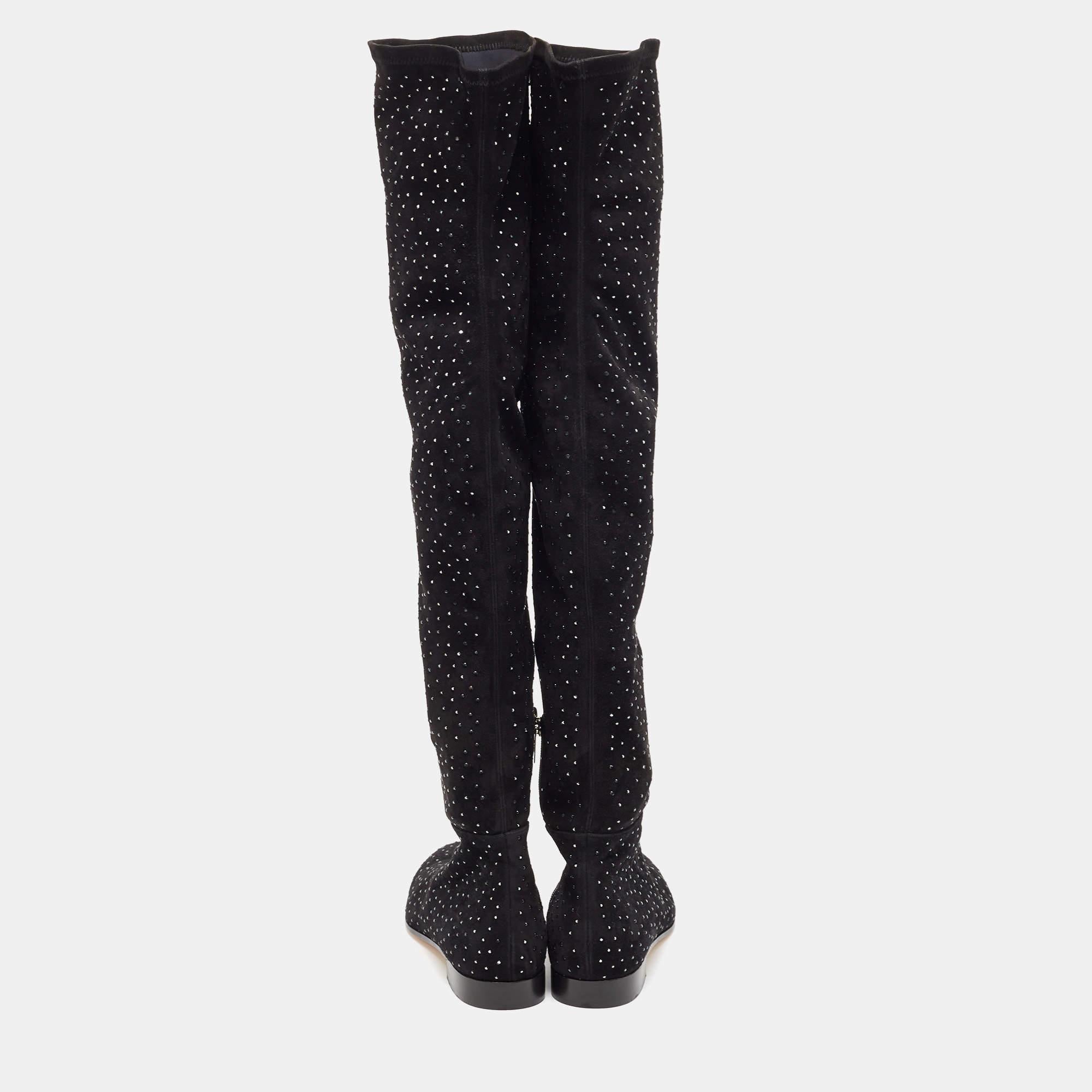 Jimmy Choo Black Suede Embellished Knee Length Boots Size 40 In Excellent Condition For Sale In Dubai, Al Qouz 2