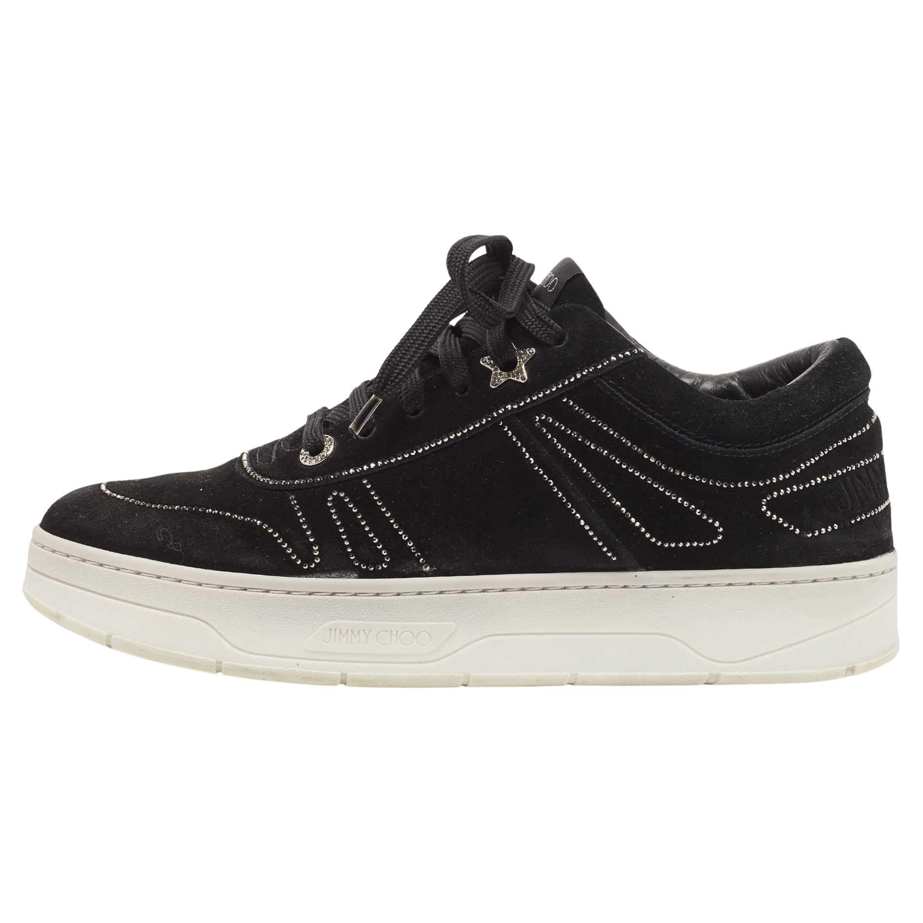 Jimmy Choo Black Suede Embellished Low Top Sneakers Size 40 For Sale