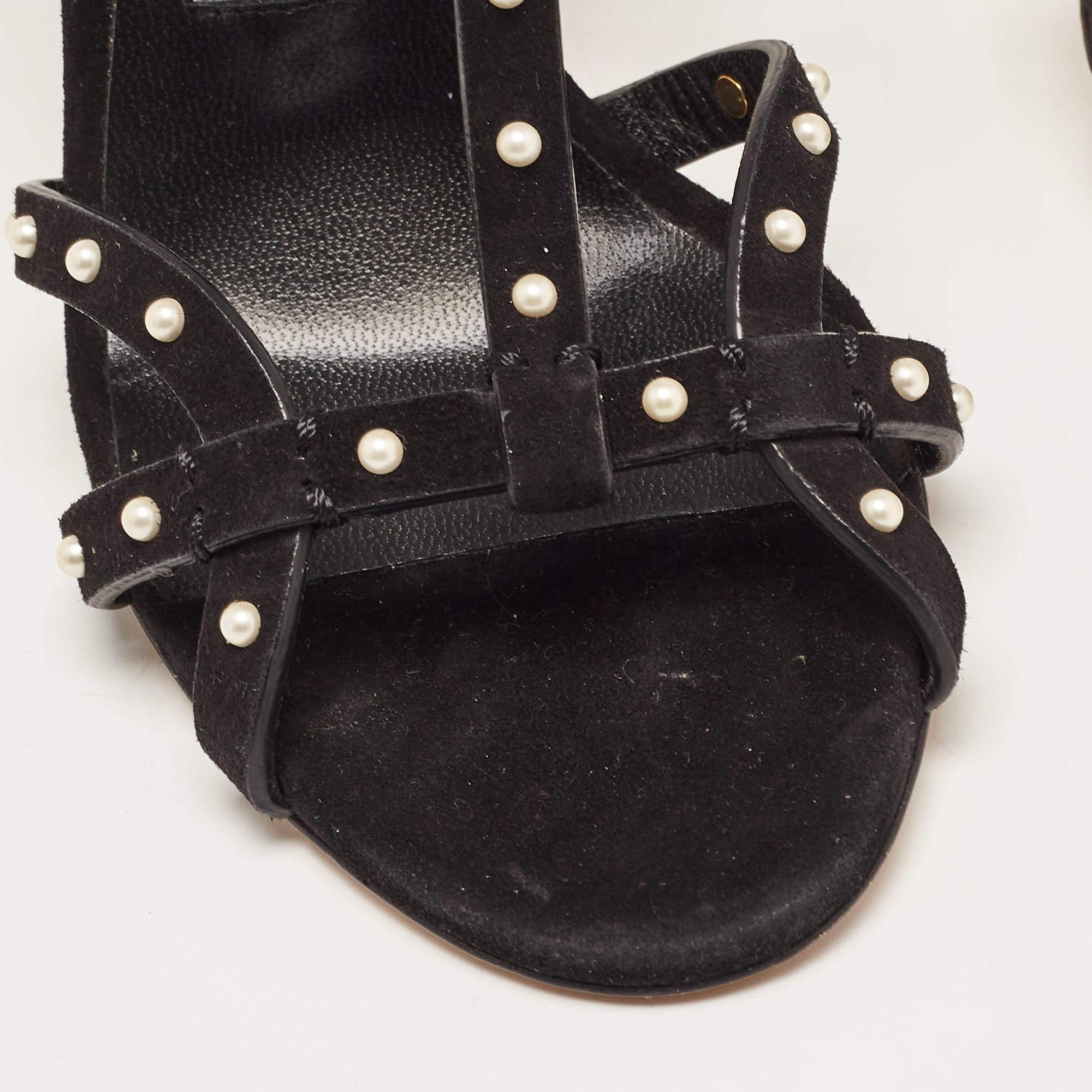 Jimmy Choo Black Suede Faux Pearl Studded Beverly Ankle Strap Sandals Size 35 For Sale 4