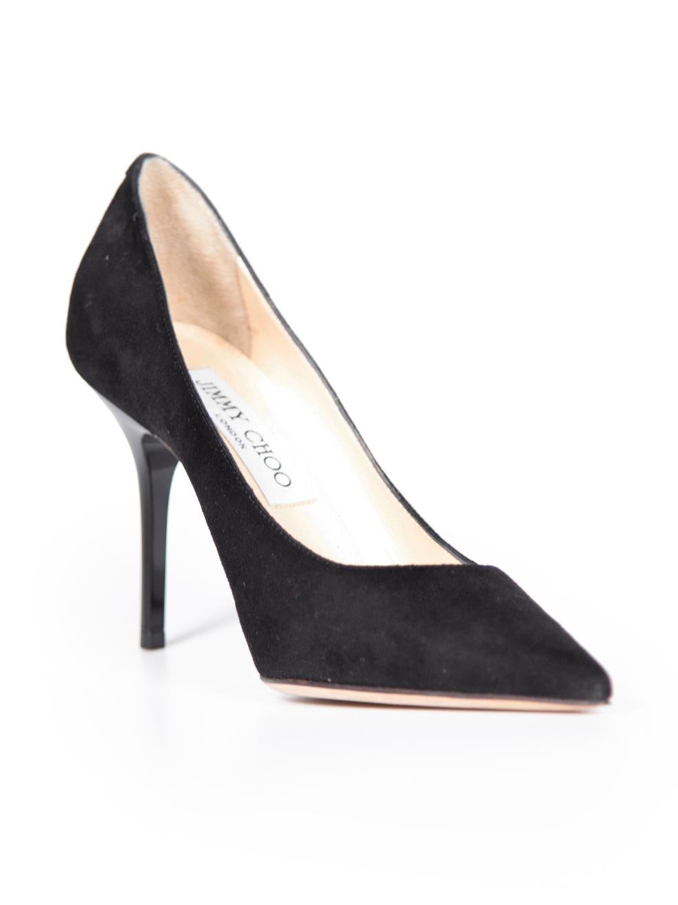 CONDITION is Very good. Minimal wear to shoes is evident. Minimal wear to both heels with very light abrasions to the suede on this used Jimmy Choo designer resale item.
 
 Details
 Black
 Suede
 Pumps
 Slip on
 Point toe
 High heeled
 
 
 Made in