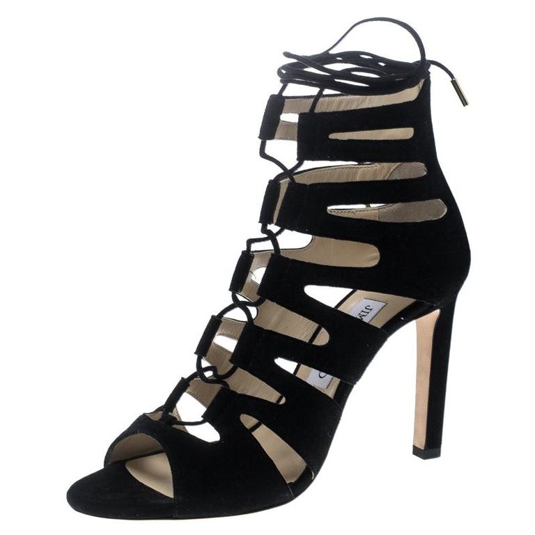Jimmy Choo Black Suede Hitch Cut Out Caged Sandals Size 40 at 1stDibs