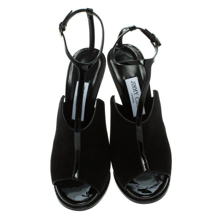 Jimmy Choo Black Suede Kascade T-Strap Wedge Sandals Size 38.5 For Sale ...