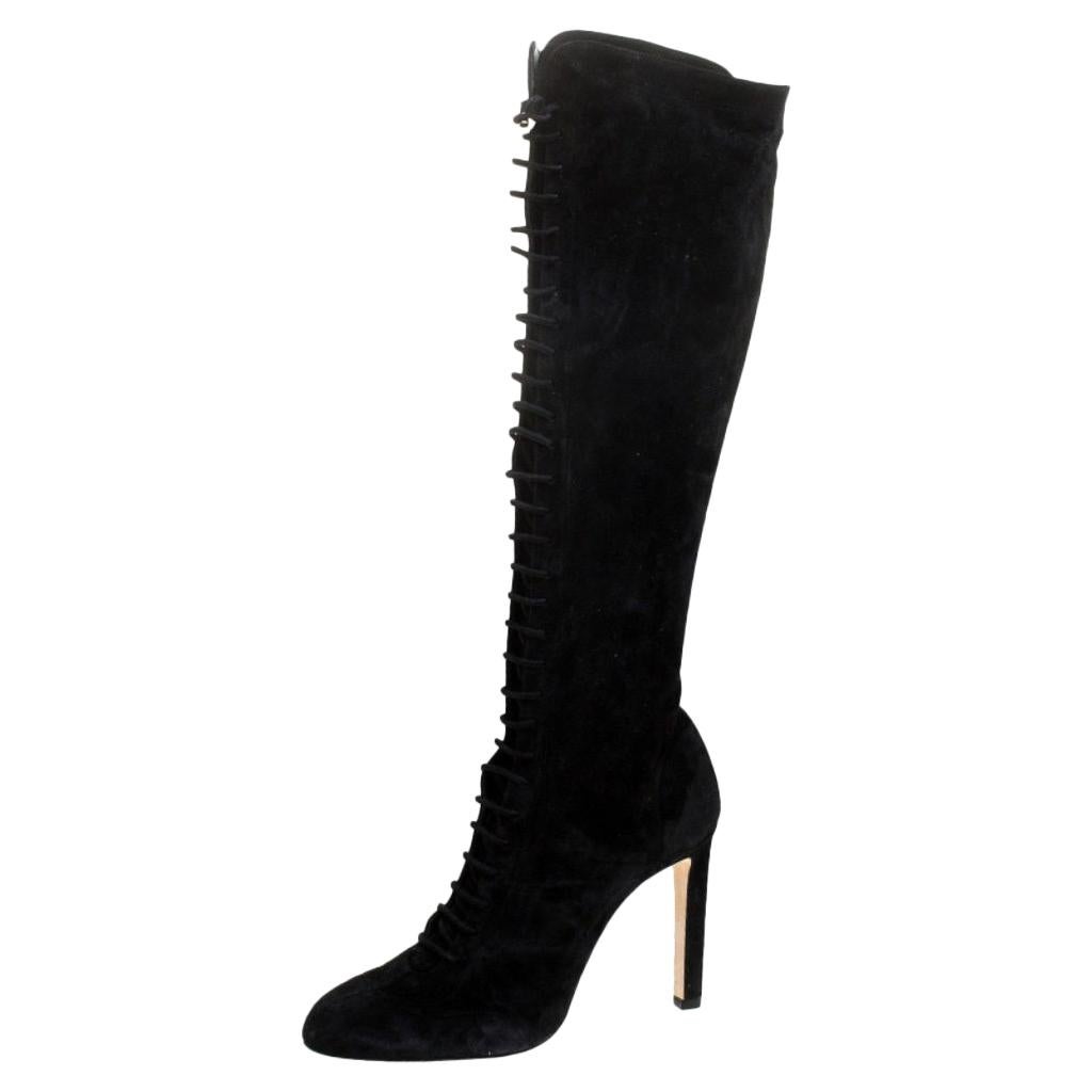 Jimmy Choo Black Suede Lace Up Desiree Knee Boots Size 39