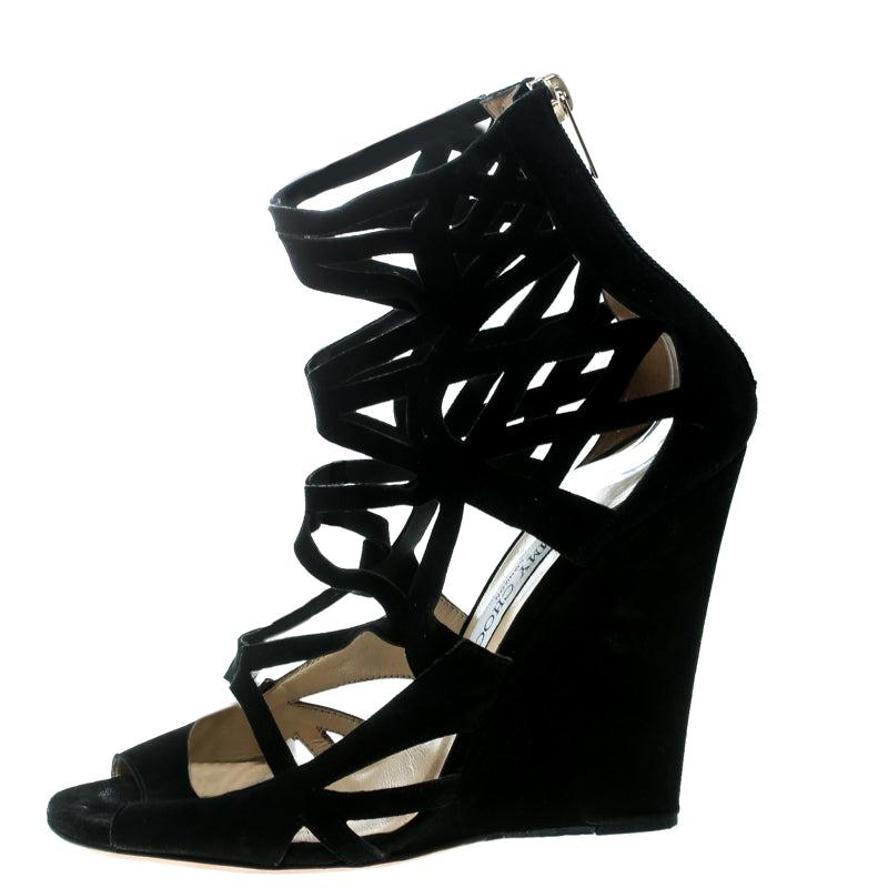 Jimmy Choo Black Suede Laser Cut Cage Wedge Sandals Size 39