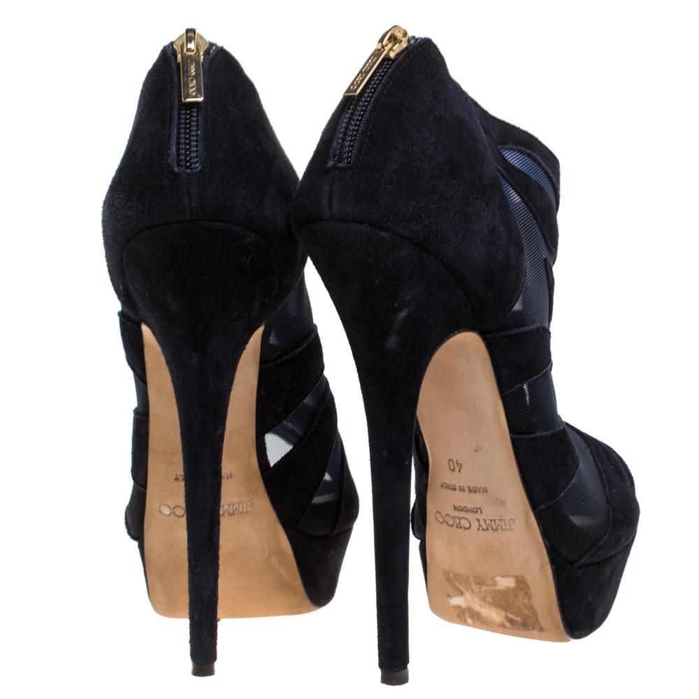 Women's Jimmy Choo Black Suede Leather & Mesh Kerfield Peep Toe Platform Booties Size 40