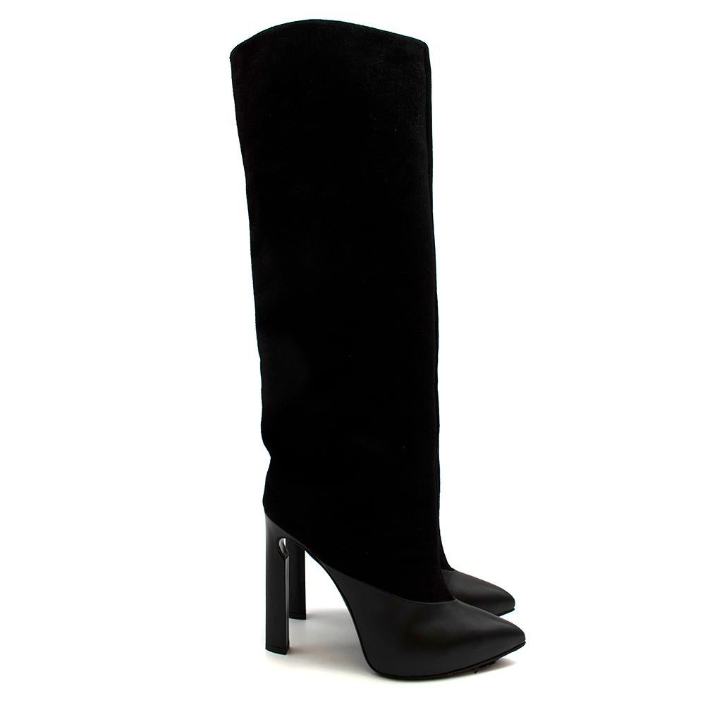 Jimmy Choo Black Suede & Leather Tall Boots

- Thick width stiletto heel with curve at the top 
- Suede upper body
- Leather side and toe caps
- Soft shiny leather
- Below the knee length

Made in Italy

Fabric Composition:
100% Leather &