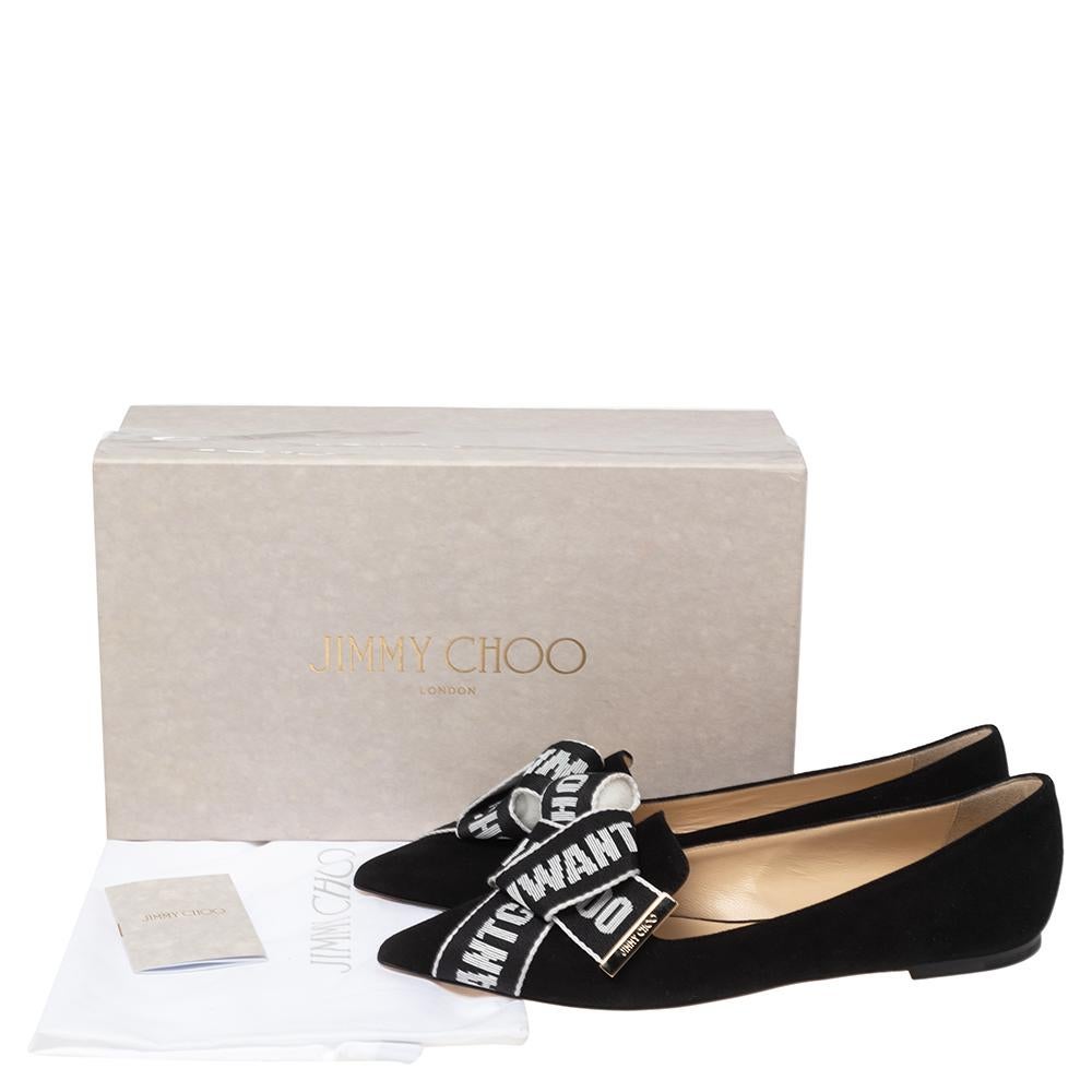 Jimmy Choo Black Suede Logo Bow Gleam Pointed Toe Ballet Flats Size 40 3