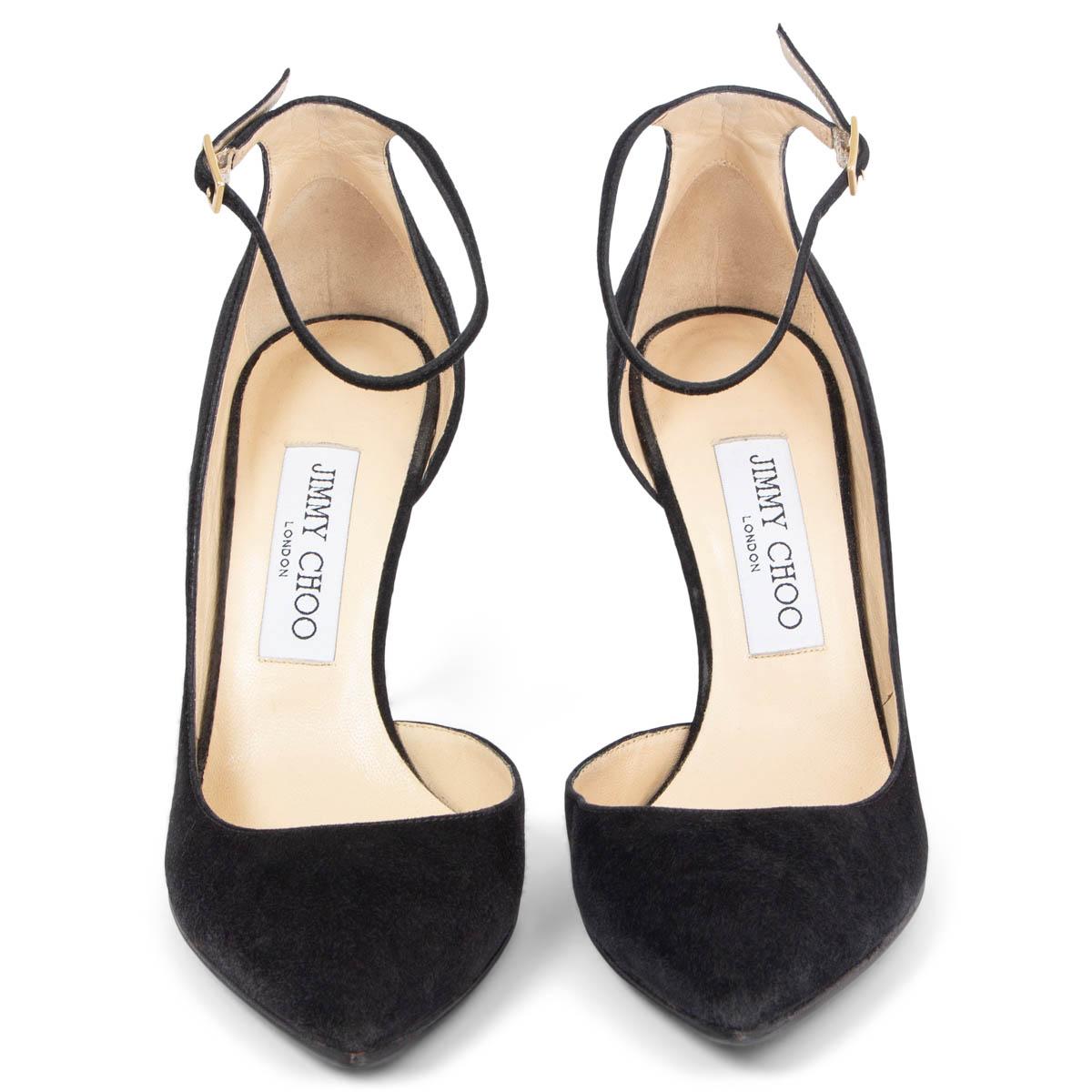 100% authentic Jimmy Choo Lucy pointed-toe ankle-strap pumps in black suede. Have been worn once inside and are in virtually new condition. Black rubber sole has been added. 

Measurements
Imprinted Size	37.5
Shoe Size	37.5
Inside Sole	24.5cm
