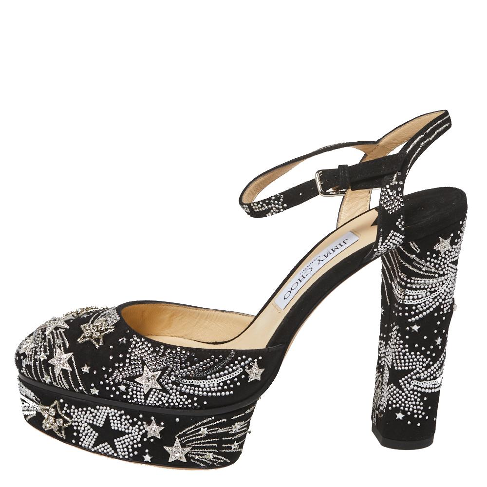 These Maple Supernova sandals from Jimmy Choo spell nothing but true luxury and are sure to fetch you admiring glances for every step you take! The black sandals are crafted from suede and feature rounded toes. They flaunt crystal embellished vamp