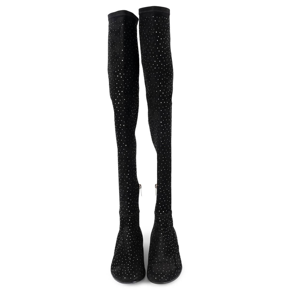 100% authentic Jimmy Choo Myren crystal-embellished over-knee boots in black stretchy suede. Open with a short inside zip. Have been worn and are in excellent condition. 

Measurements
Imprinted Size	37.5
Shoe Size	37.5
Inside Sole	24.5cm