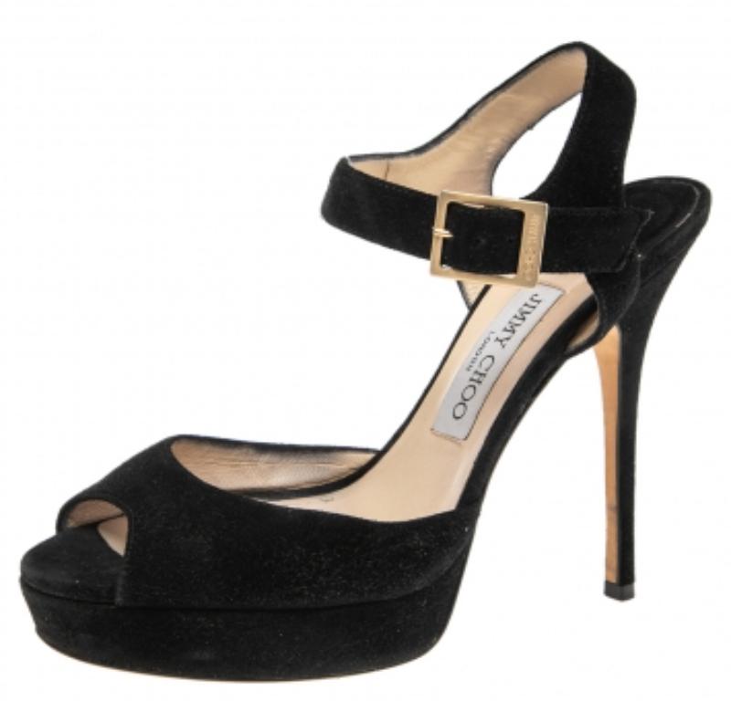 Noir Jimmy Choo - Sandales en daim noir à plateforme et courroie de cheville - Taille 38