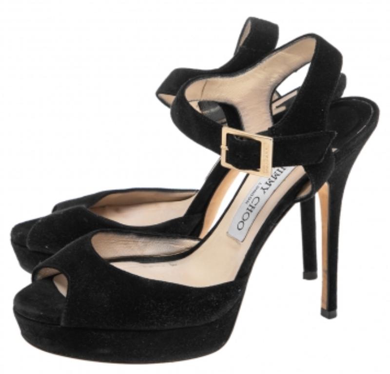 Jimmy Choo - Sandales en daim noir à plateforme et courroie de cheville - Taille 38 1