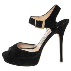 Jimmy Choo Black Suede Peep Toe Ankle Strap Platform Sandals Size 38