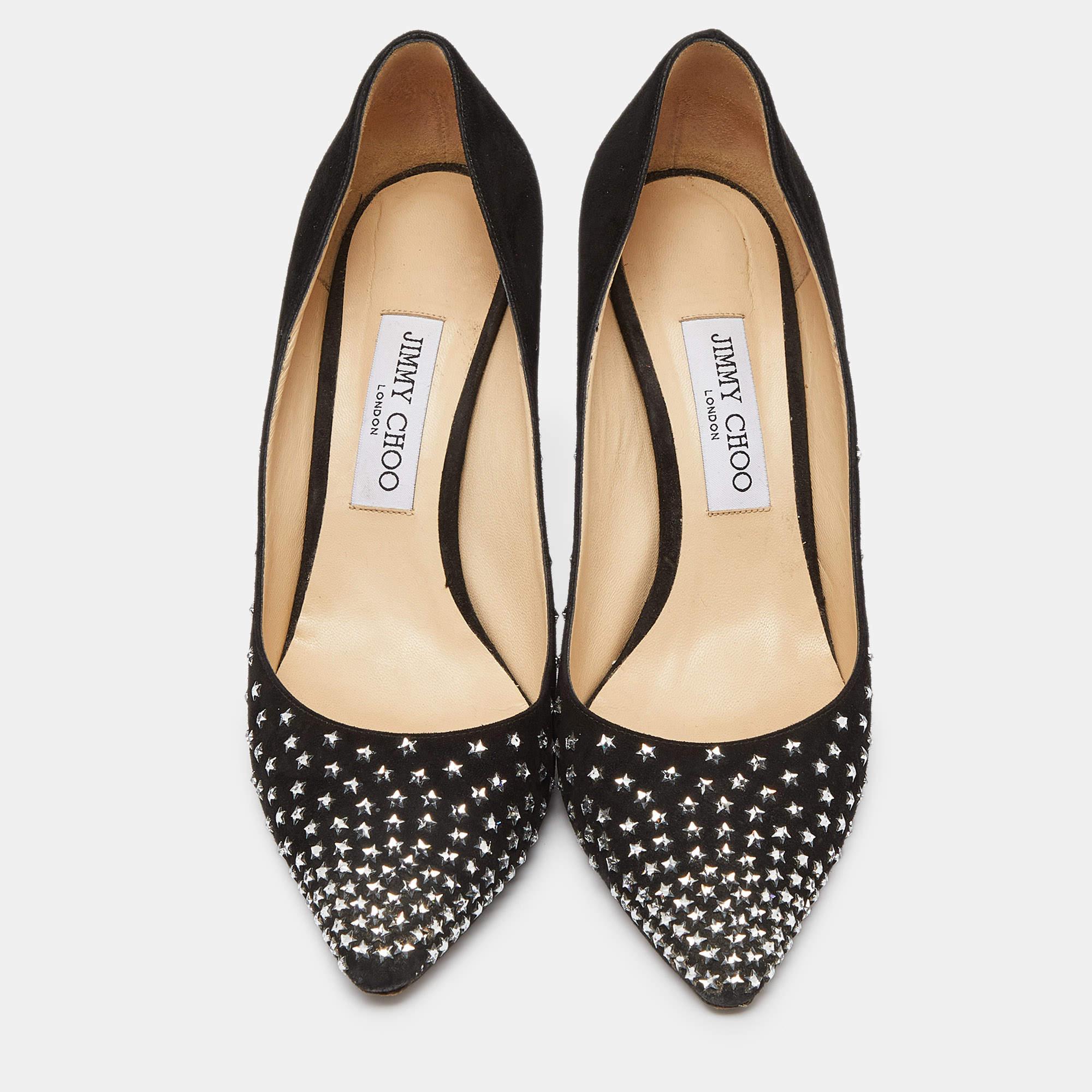 Noir Jimmy Choo - Escarpins à bouts pointus en daim noir avec ornements en cristal Romi - Taille 39,5 en vente