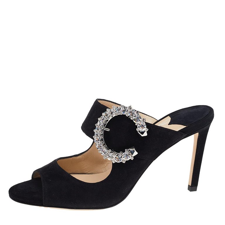 Jimmy Choo Black Suede Saf Crystal Embellished Buckle Slide Sandals