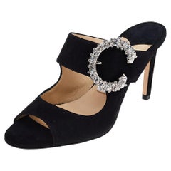 Jimmy Choo Schwarze Wildleder-Sandalen mit Saf-Kristall-Verzierung und Schnalle Größe 36