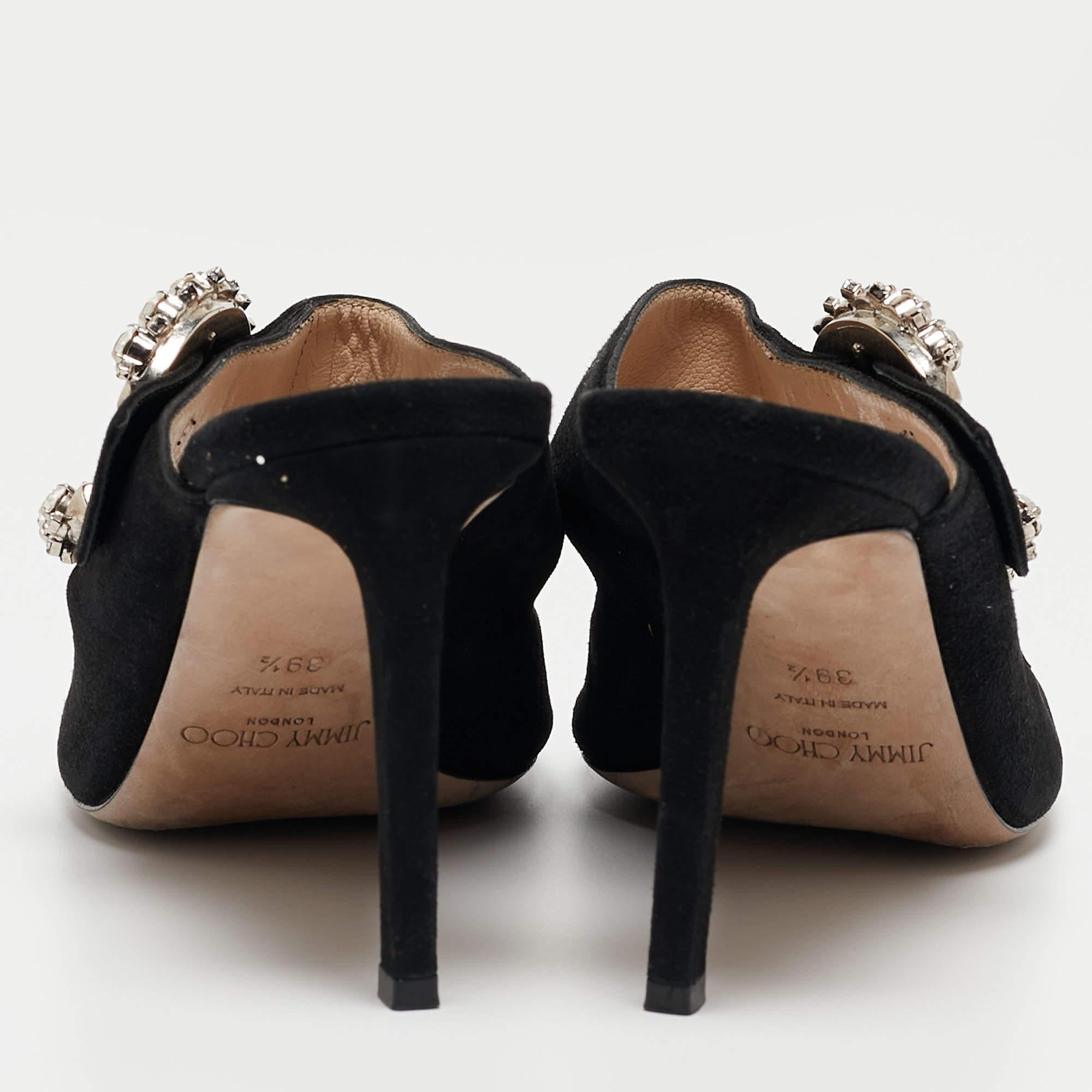 Jimmy Choo Black Suede Saf Crystal Embellished Buckle Slide Sandals Size 39.5 In Good Condition In Dubai, Al Qouz 2