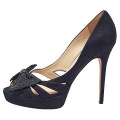 Jimmy Choo Black Suede Taja Crystal Embellished Bow Peep Toe Pumps Size 40