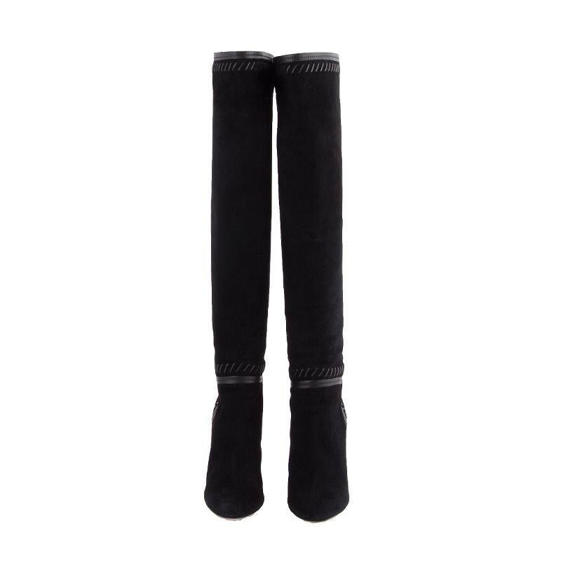 100% authentic Jimmy Choo round-toe and slightly over-knee boots in black suede with calfskin stitching. Open with a tassel zipper on the back. Have been worn and are in excellent condition. 

Measurements
Imprinted Size	38
Shoe Size	38
Inside