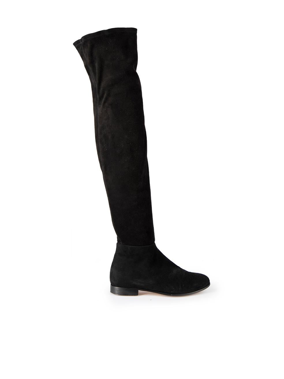 CONDITION is Very good. Minimal wear to boots is evident. Minimal wear to suede on this used Jimmy Choo designer resale item. 
 

 

 

 Details
 

 

 Black
 

 Leather
 

 Thigh high boots
 

 Round toe
 

 Flatform block heel
 

 Side zip