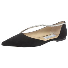 Jimmy Choo Black Suede Trude Crystal Embellished Pointed Toe Flats Size 39