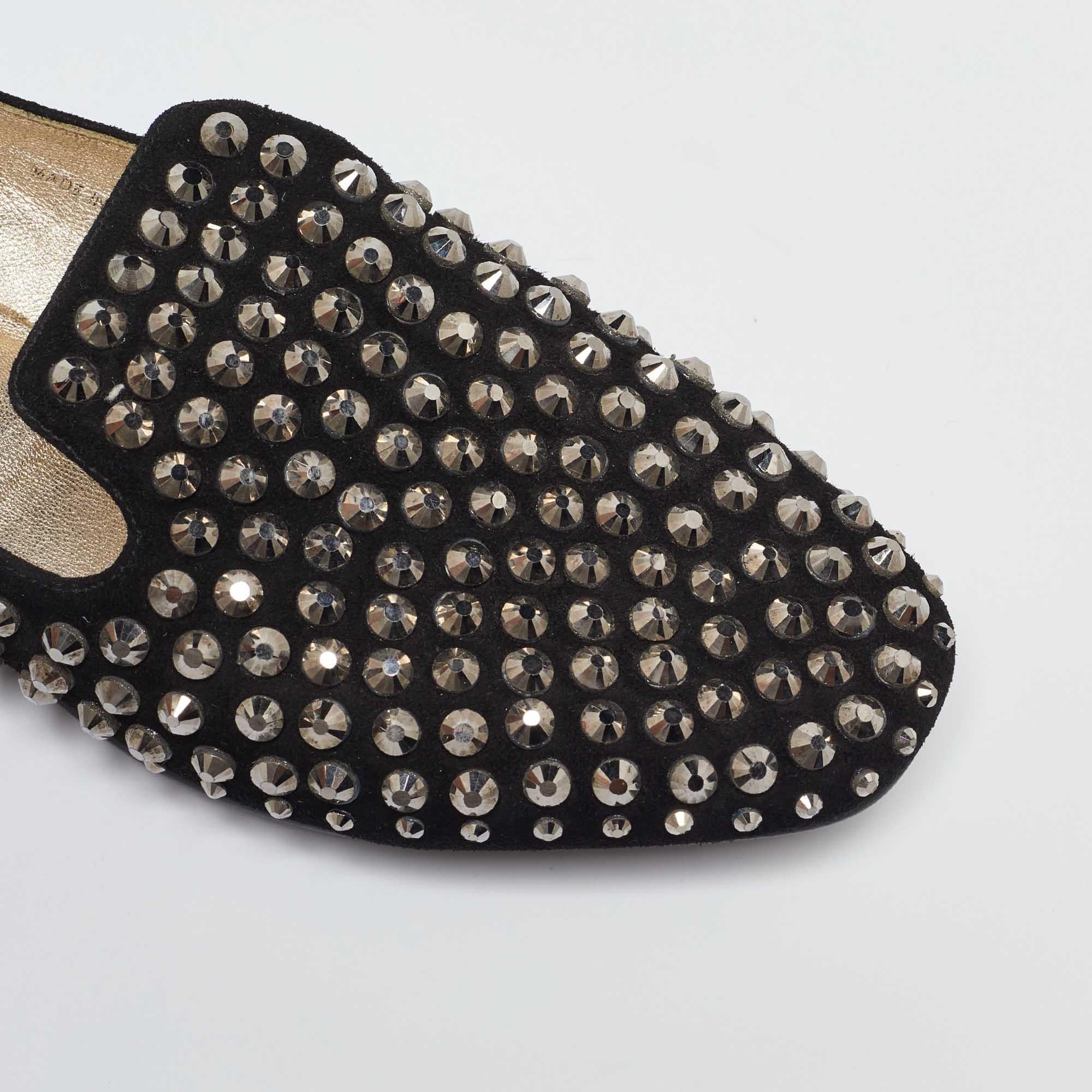 Jimmy Choo Black Suede Wheel Crystal Studded Smoking Slippers Size 35 For Sale 3