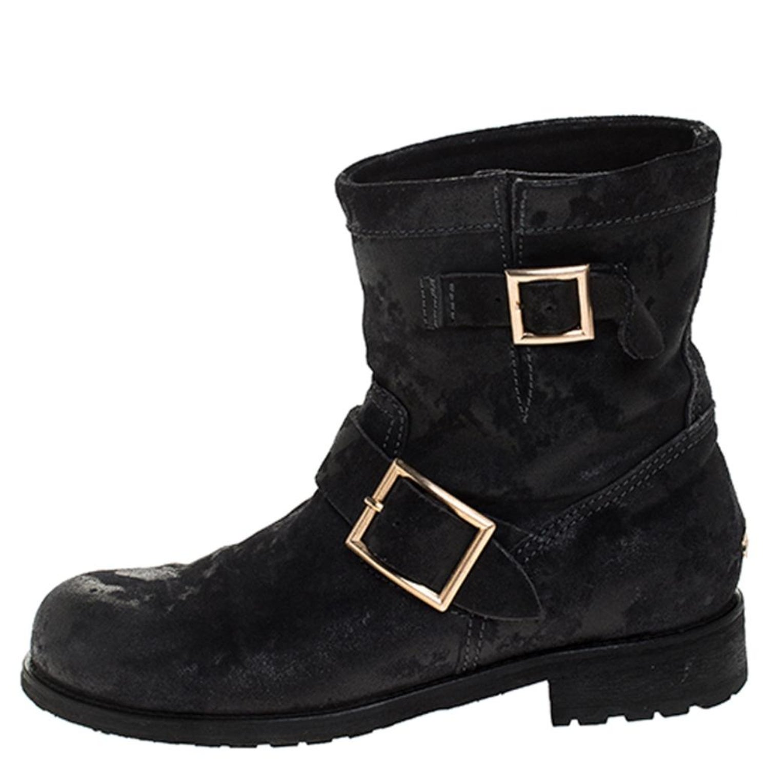 Jimmy Choo Black Suede Youth Buckle Detail Biker Boots Size 37.5 For Sale  at 1stDibs