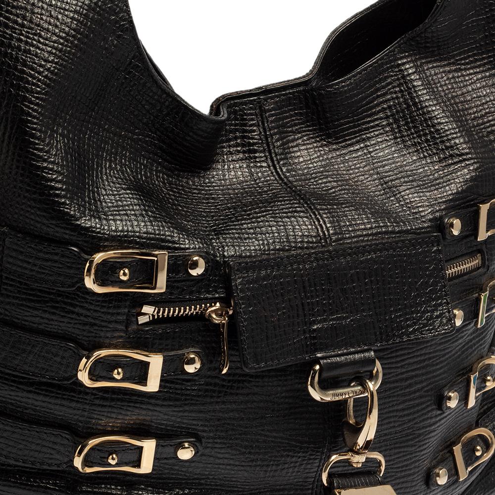 Jimmy Choo Black Textured Leather Bardia Buckle Hobo 3