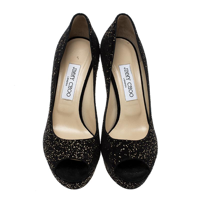 Jimmy Choo Black Textured Suede Crown Peep Toe Platform Pumps Size 39 In New Condition In Dubai, Al Qouz 2