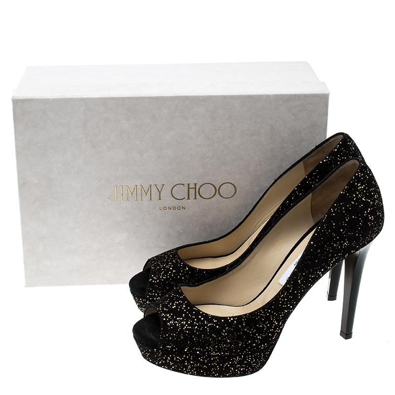 Jimmy Choo Black Textured Suede Crown Peep Toe Platform Pumps Size 39 4