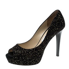 Jimmy Choo Black Textured Suede Crown Peep Toe Platform Pumps Size 39